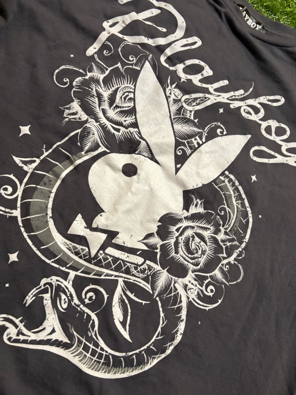 PLAYBOY Black Tee with White Floral Bunny Graphic